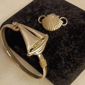 Sterling Sailboat & Shell Changable Charm Bangle Bracelet, w/ 14k Gold Braiding